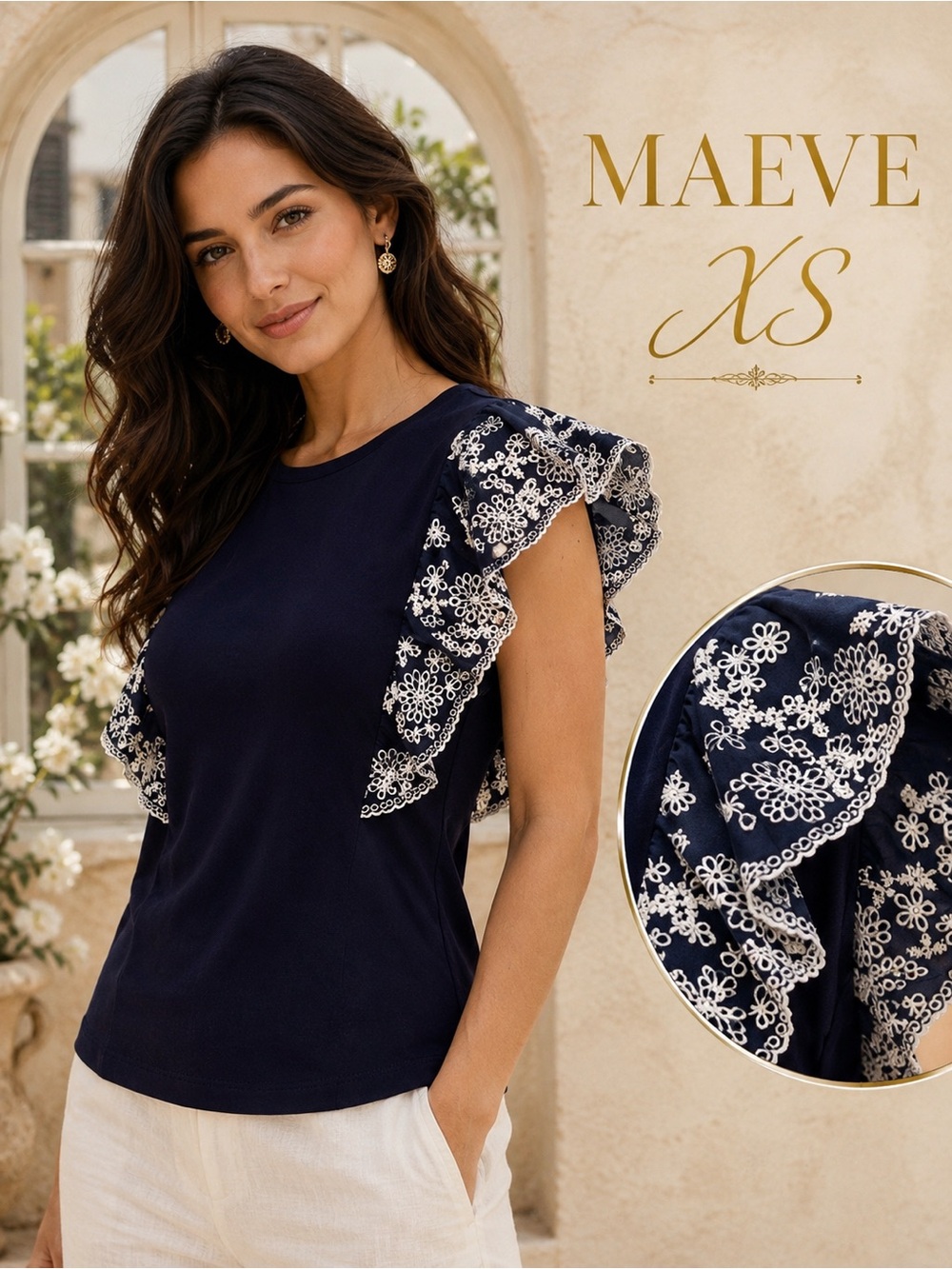 Maeve Anthropologie Navy Lace Flutter Sleeve Top XS